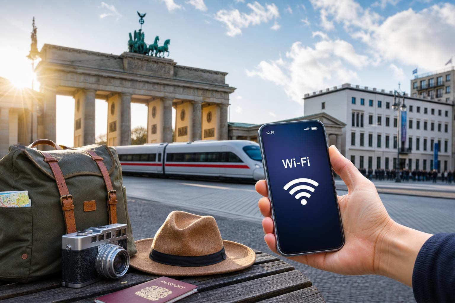 德國5天行程eSIM方案示意,涵蓋Deutsche Telekom、Vodafone、Orange三大電信,背景為德國國會大廈與勃蘭登堡門