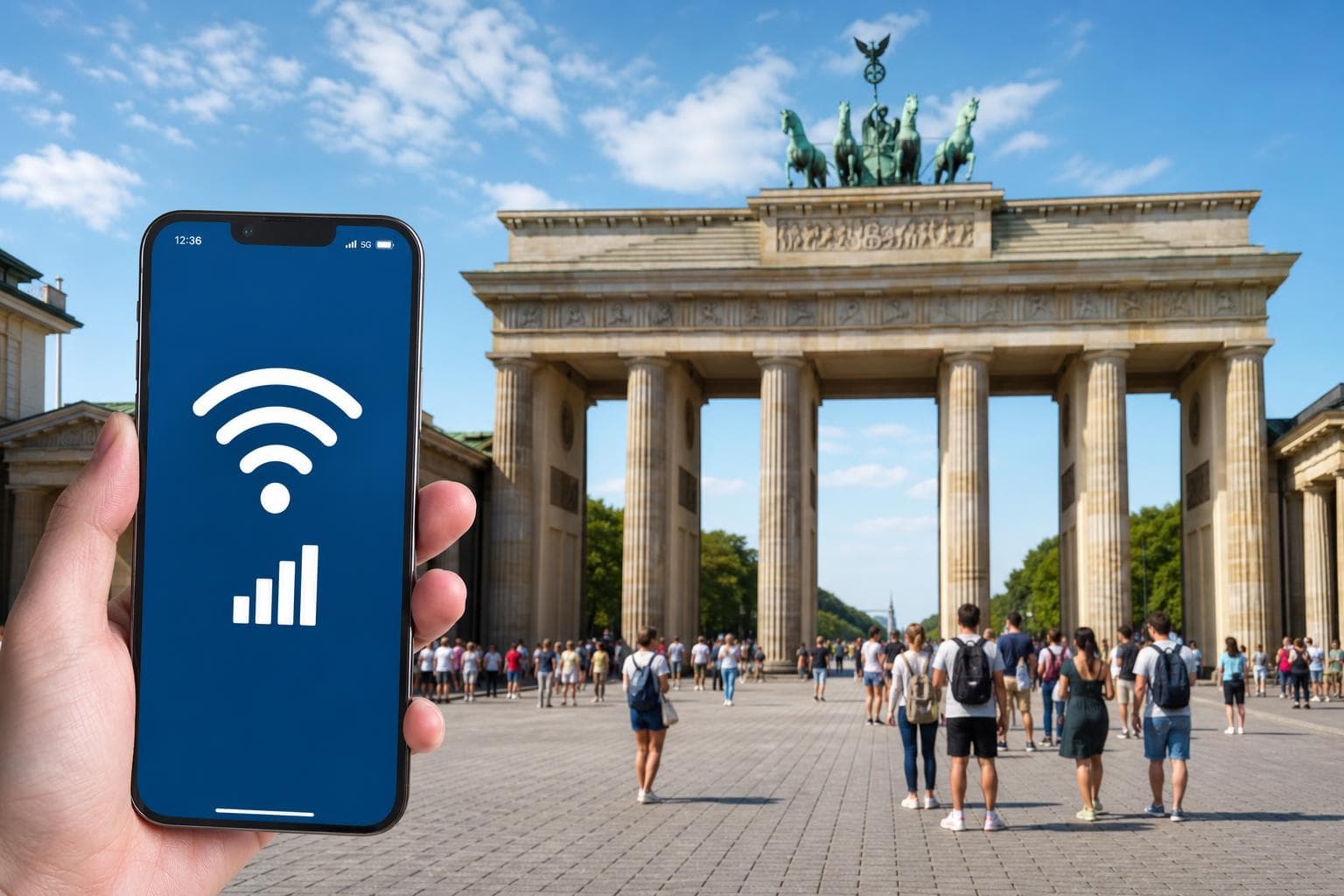 德國eSIM 5天划算方案,背景為柏林布蘭登堡門,智慧型手機顯示wifi與數據訊號