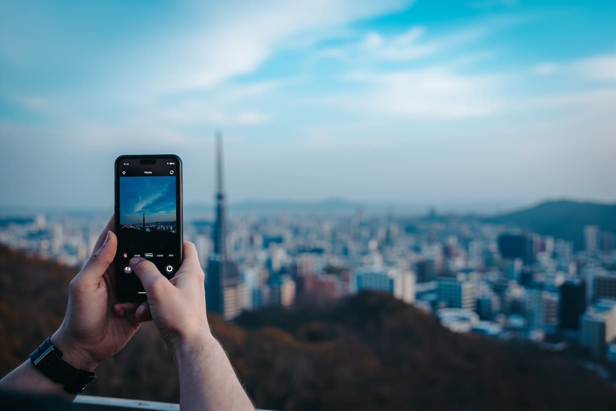 首爾南山塔與韓國城市天際線,旅客使用智慧型手機上網