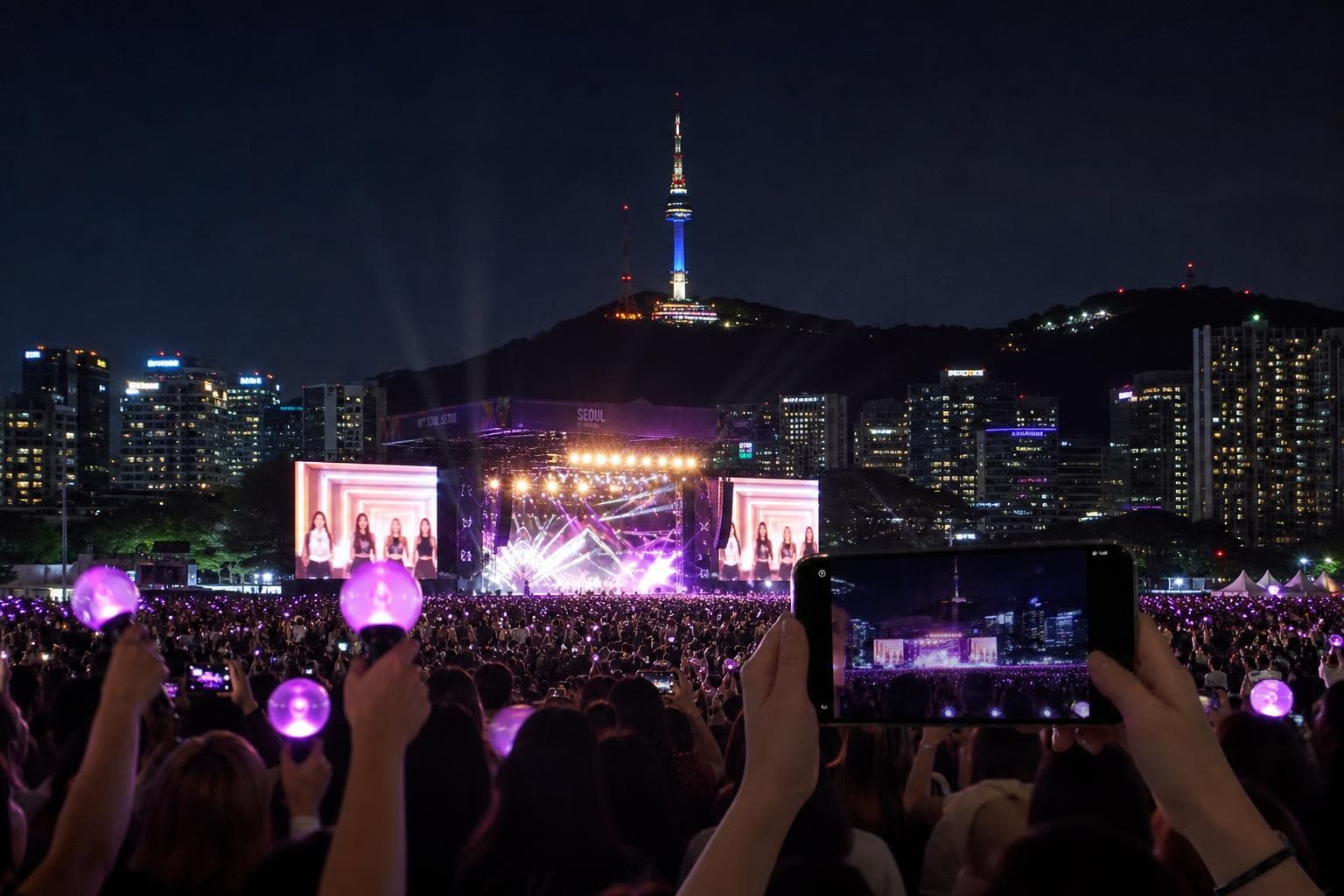 首爾奧林匹克體育場演唱會現場,觀眾舉起手機拍攝,舞台燈光絢麗,K-pop追星場景