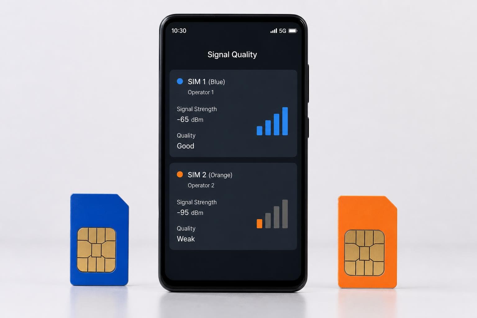 eSIM 原生卡與漫遊卡比較,圖中顯示兩種不同SIM卡與智慧型手機訊號品質對比