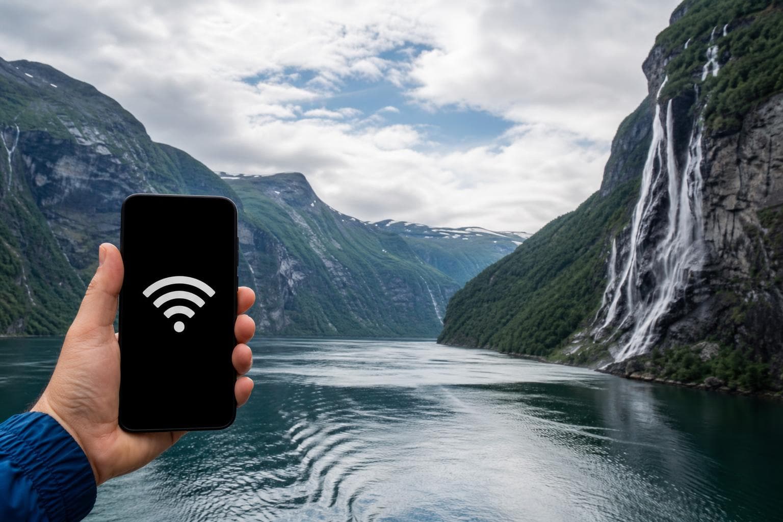 挪威峽灣 eSIM 上網,松恩峽灣壯闊景色搭配智慧型手機訊號圖示