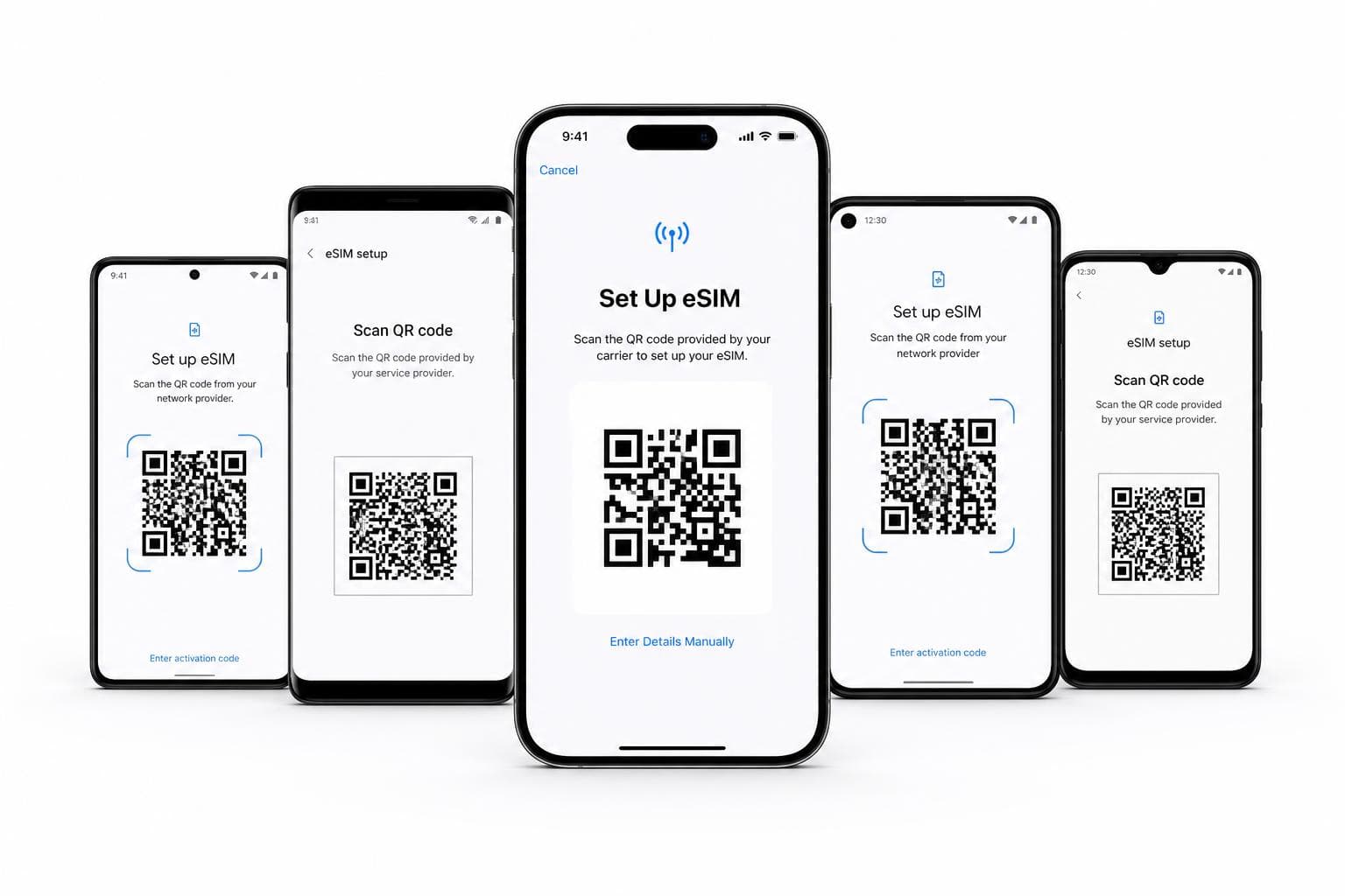 eSIM設定教學,iPhone與Android手機掃描QR Code示意