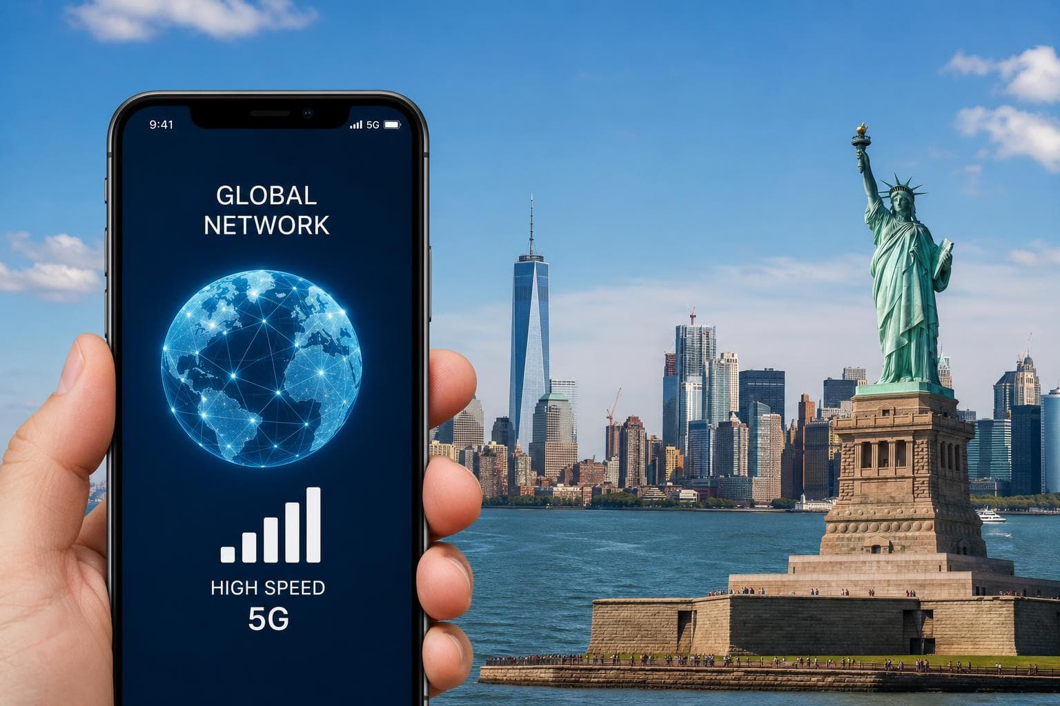 美國自由女神像與紐約天際線,eSIM 美國上網 T-Mobile vs AT&T 比較