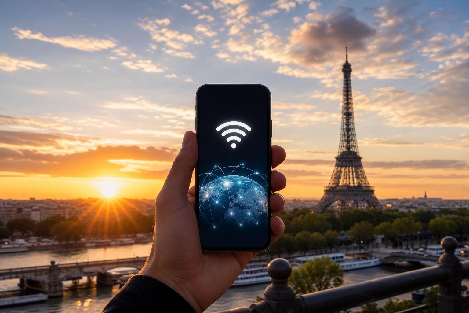 法國eSIM CP值2026:艾菲爾鐵塔背景搭配手機上網訊號