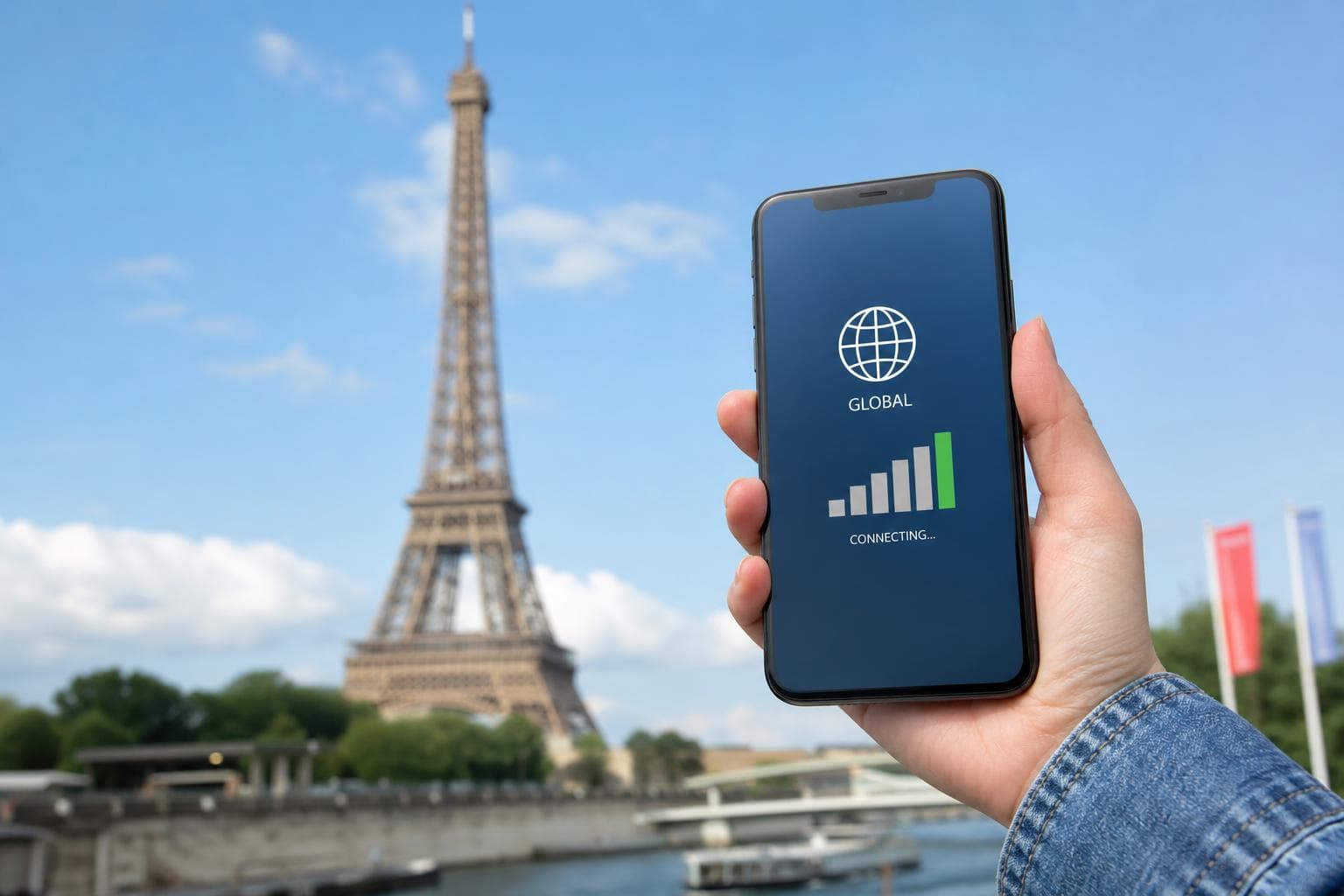 法國巴黎艾菲爾鐵塔背景,手持smartphone顯示全球wifi訊號,旅遊攝影風格