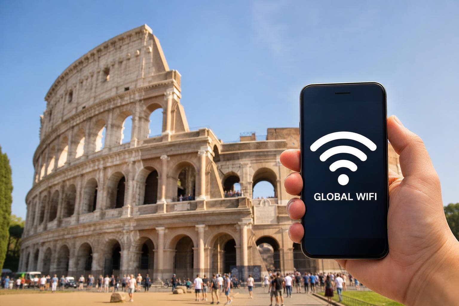 義大利羅馬競技場背景,手持smartphone顯示全球wifi訊號,旅遊攝影風格