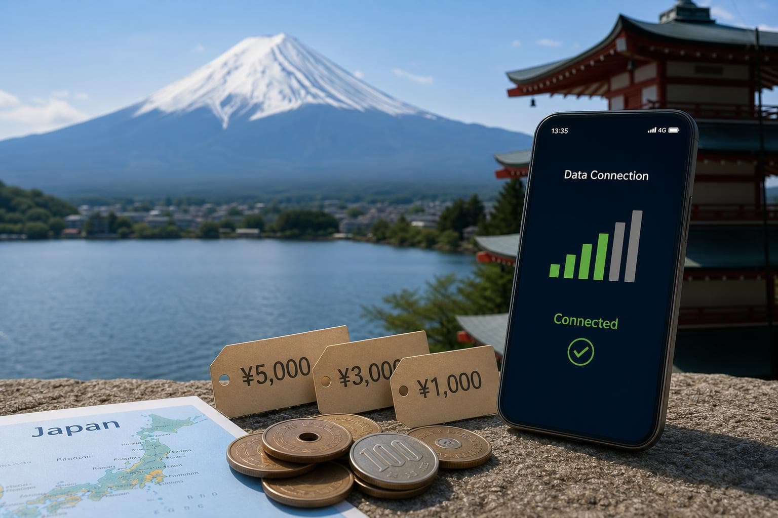 日本eSIM划算方案,富士山背景搭配手機上網訊號