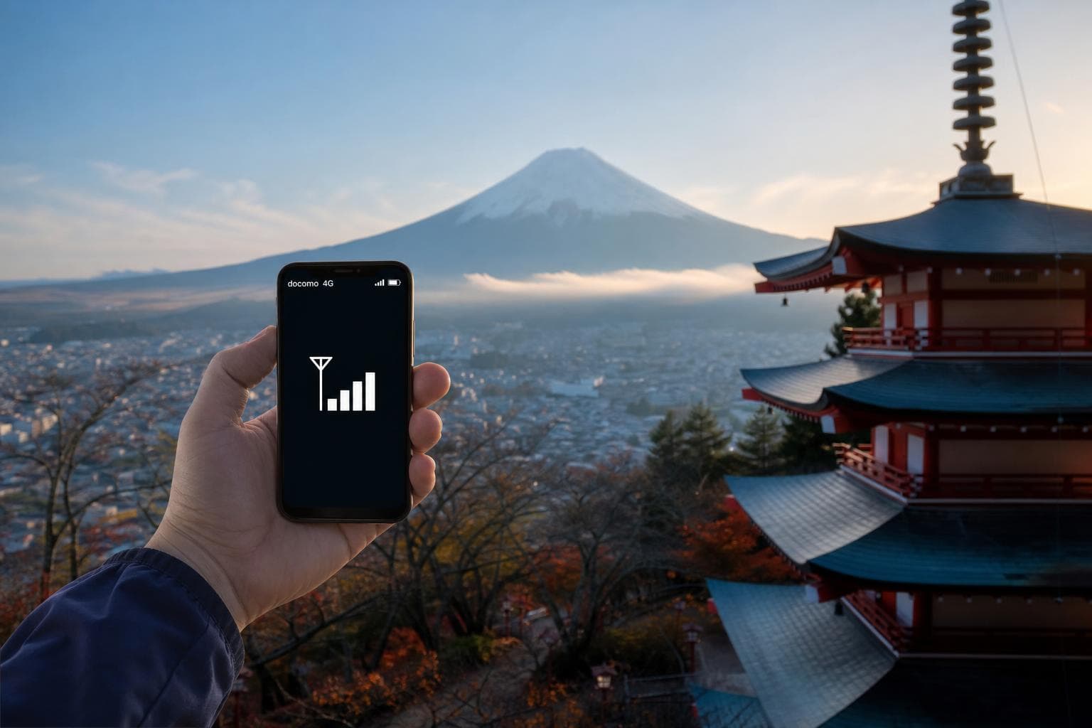 日本eSIM卡推薦Dcard版:富士山背景搭配智慧型手機訊號圖示