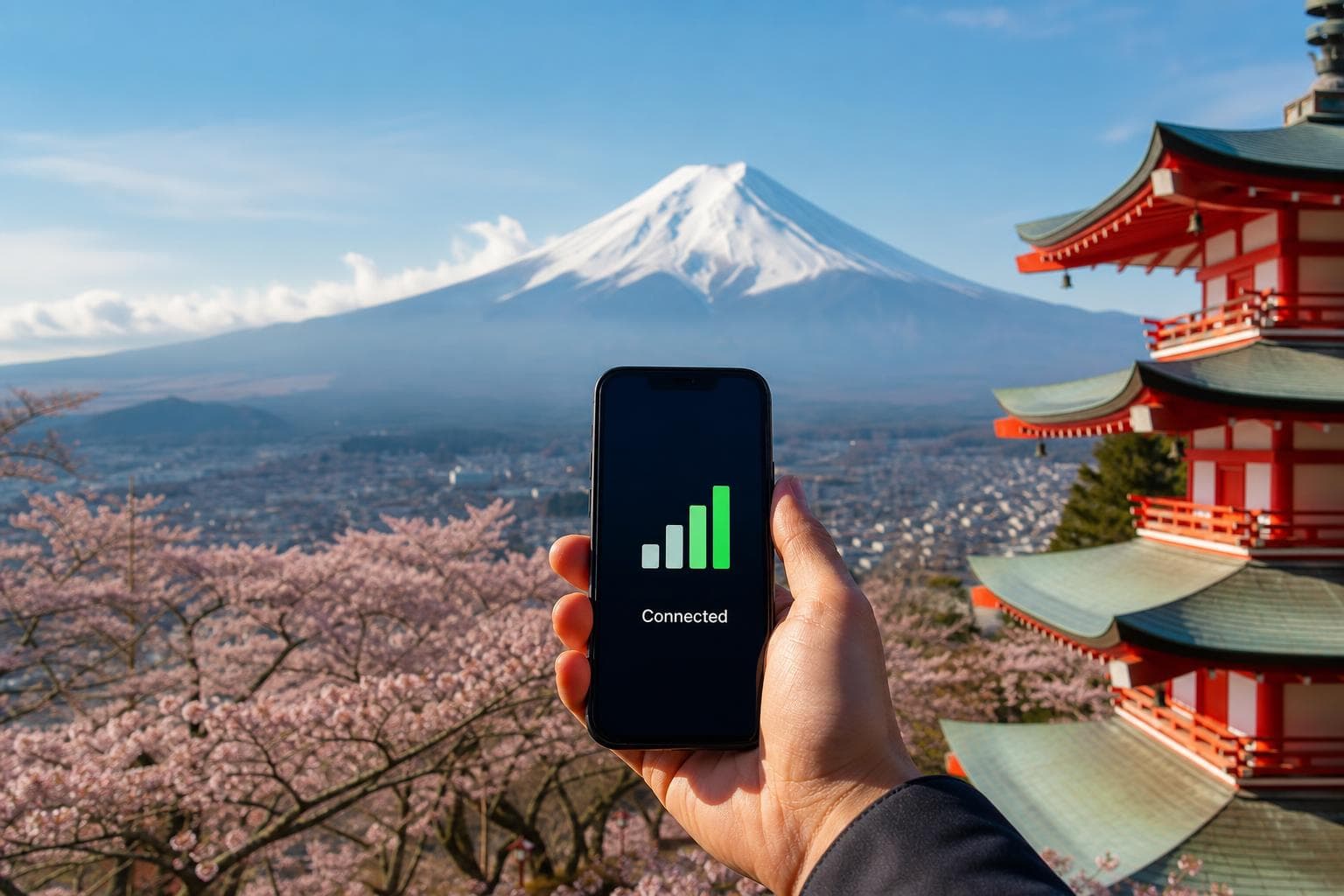 日本富士山背景,手持智慧型手機顯示訊號格,外國旅客在日本旅遊,手機上網示意