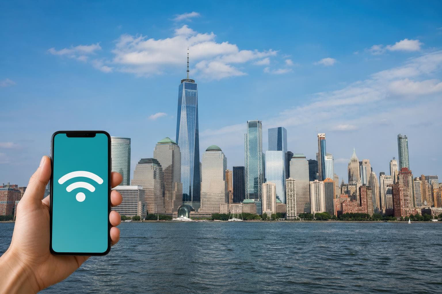 美國eSIM 哪家好 2026:紐約曼哈頓天際線背景搭配手機網路訊號,旅行攝影風格