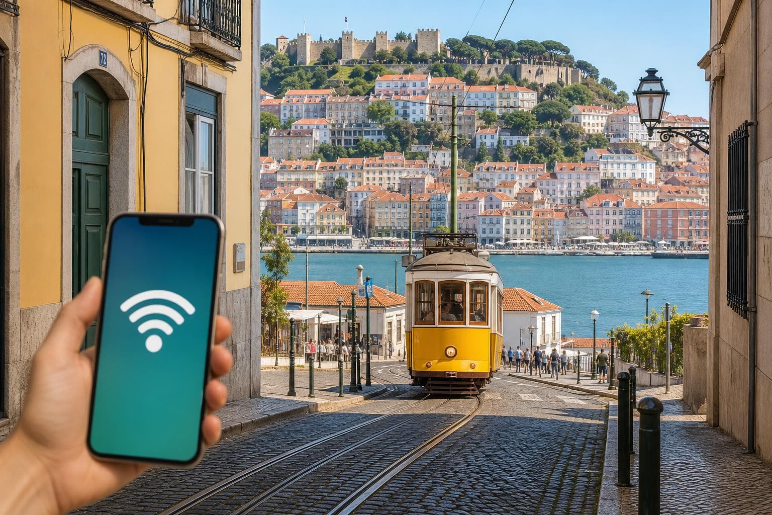 里斯本城市天際線與葡萄牙eSIM,旅客使用智慧型手機暢遊葡萄牙