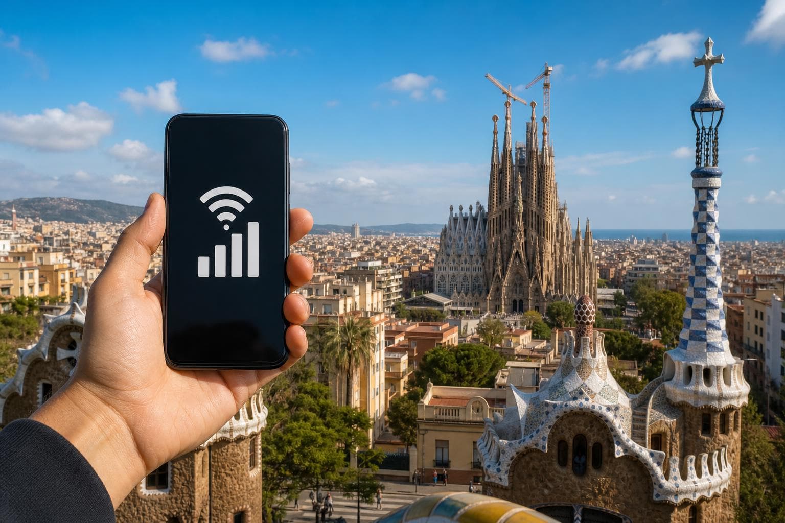 巴塞隆納聖家堂背景,手持智慧型手機顯示WiFi與訊號格,歐洲旅遊攝影風格
