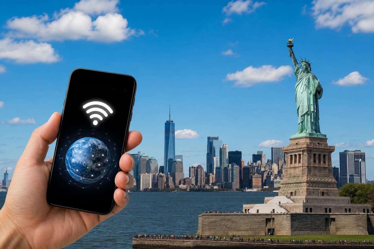 美國eSIM三大電信T-Mobile、Verizon、AT&T評比,紐約自由女神像背景
