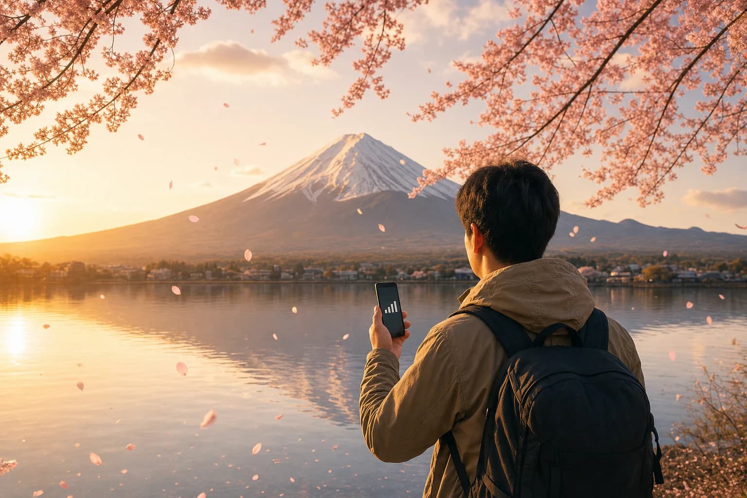 日本旅遊eSIM推薦:富士山前旅客使用手機查看訊號